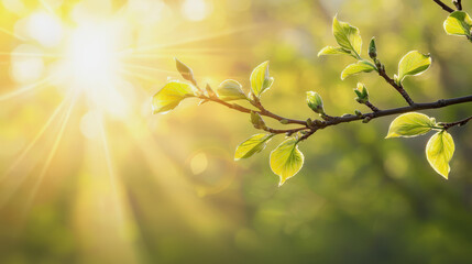 Obraz premium Fresh green leaves and new buds on tree branch glowing in warm sunlight, symbolizing renewal and hope in spring