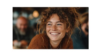 Smiling young woman with curly hair and freckles sitting in a cozy café, wearing a warm brown sweater, natural daylight bokeh background, authentic candid portrait with soft lighting and happy mood.