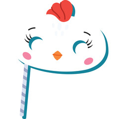 Cute Cartoon Chicken Face Photo Prop With Red Comb And Teal Accents On White Background With Blue And White Striped Handle For Parties And Celebrations