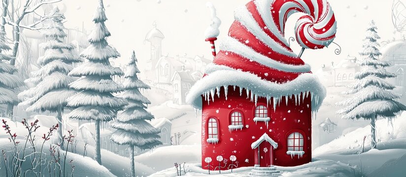 Whimsical red candy house with spiral striped roof in snowy landscape, fantasy cartoon illustration.