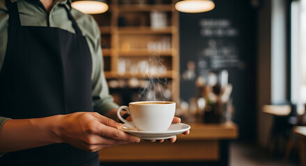 Barista holding a white coffee cup and saucer in a cozy cafe with warm lighting and wooden shelves in the background for a welcoming coffee shop atmosphere