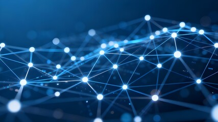 An abstract, dark blue background featuring a dynamic, three-dimensional representation of a connected network.