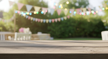 Empty wooden table outdoors at festive celebration with colorful bunting and blurred background of trees and lights for holiday or party event