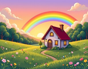 Fototapeta premium Whimsical Cozy Cottage Sunrise Meadow Scene