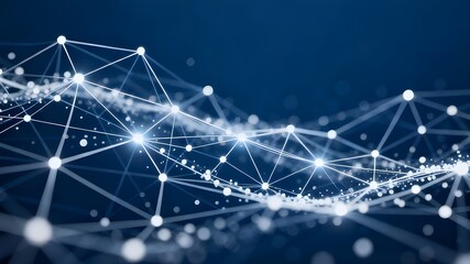 An abstract, dark blue background featuring a dynamic, three-dimensional representation of a connected network.