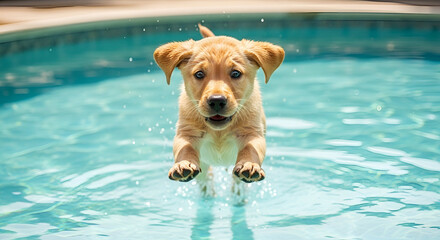 Adorable puppy jumping into swimming pool enjoying playful summer day with water splash and cheerful expression for pet and outdoor activity themes