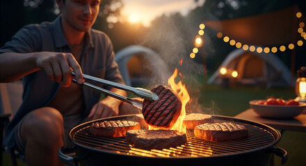 Young man grilling steaks on barbecue at sunset camping outdoor scene with tents and string lights in the background perfect for outdoor cooking and adventure themes