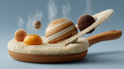 Funny surreal mock-up of frying pan cooking miniature solar system cosmic kitchen concept whimsical space cooking fantasy culinary art generated ai