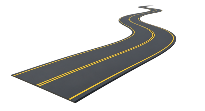 Winding asphalt road with double yellow lines curving into the distance, cutout, PNG isolated on white or transparent background