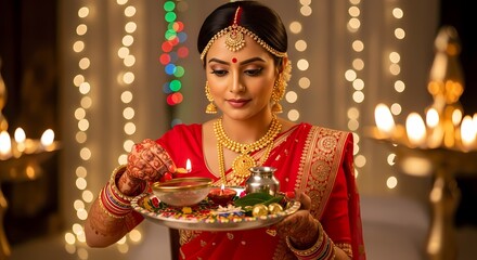 Indian Woman Celebrating Karwa Chauth with Thali