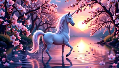 Graceful Unicorn Blooming Cherry Blossom Lake Sunset