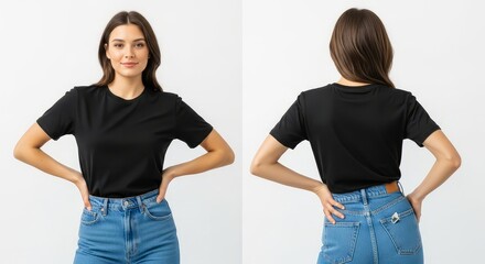 Woman displays black t shirt front and back views against white backdrop with hands on hips posing