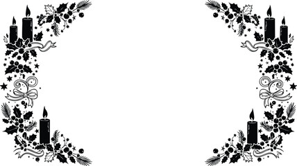 Create stunning festive designs with this elegant Christmas frame featuring candles, holly berries, stars, and ribbon for a touch of winter magic