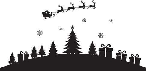 Obraz premium Magical Christmas Eve silhouette with Santa's sleigh flying above snowy trees and gifts, spreading holiday joy and festive cheer for everyone