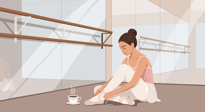 Ballet dancer with coffee break tying pointe shoes in a dance studio