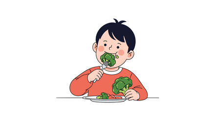 A young boy happily eats fresh broccoli from a plate using a fork, holding another piece, promoting healthy eating habits and nutrition.