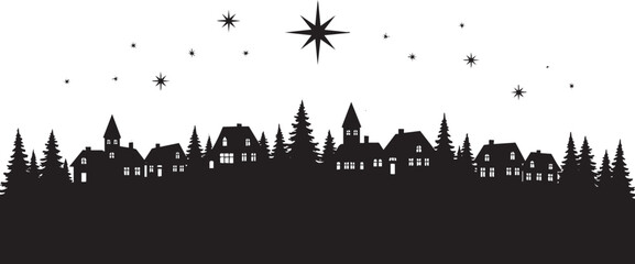 Enchanting Christmas village silhouette with twinkling stars and serene nighttime atmosphere perfect for holiday cards and festive designs