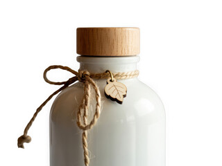 Minimalist white bottle with wooden cap and natural twine detail on a dark surface