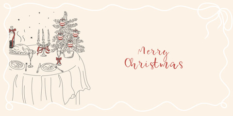 Minimalist Christmas dinner poster. Festive table with a Christmas tree, decorations, and candles. Hand-drawn New Years invitation with elements of drawings.