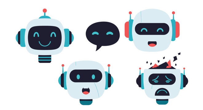 Cute robot and chatbot heads illustrating a spectrum of emotions from happiness and surprise to neutral and sadness, symbolizing AI communication.