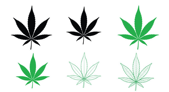 Different graphic designs of cannabis marijuana leaves, including solid black, solid green, and detailed green outline illustrations.