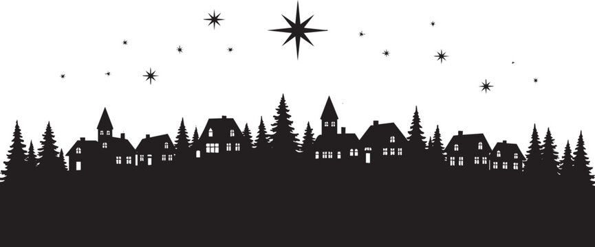 Enchanting Christmas village silhouette with twinkling stars and serene nighttime atmosphere perfect for holiday cards and festive designs