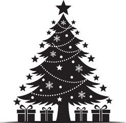 Obraz premium Festive black and white Christmas tree silhouette adorned with stars, snowflakes, string lights, and presents for holiday design projects