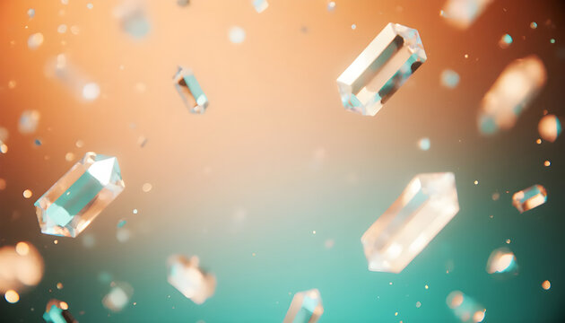 Abstract Background with Floating Crystal Gems with Warm and Cool Light Reflection
