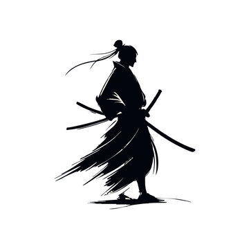 Silhouette of Samurai Warrior with Katana Swords