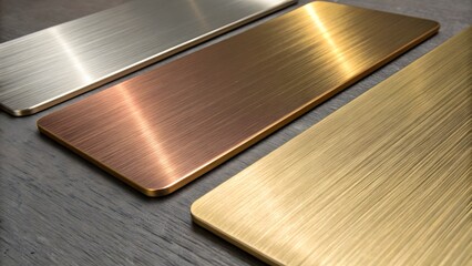 Set of Brushed Metal Plates: Silver, Copper, and Gold Textures on a Dark Wood Background