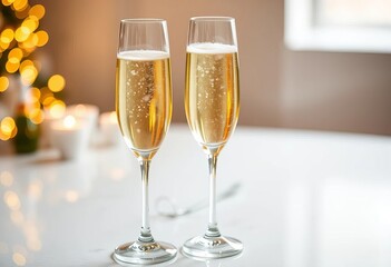 Elegant flutes filled with bubbly champagne, ready to celebrate,  yellow,  party
