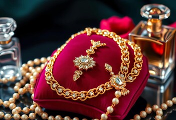 Gleaming gold jewelry rests on a velvet cushion, surrounded by pearls and a crystal perfume bottle,  opulent,  crystal