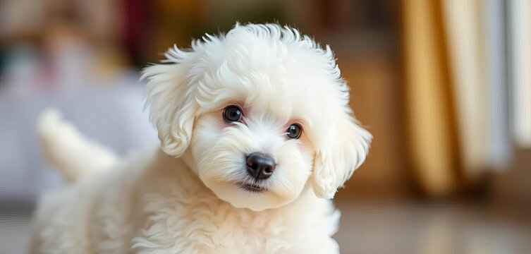 Fluffy white Poodle puppy with big, dark eyes, playful pose, paws, small dog