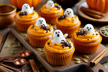 Halloween cupcakes with orange frosting topped with white ghost decorations and chocolate spiders on wooden platter. Generative AI.