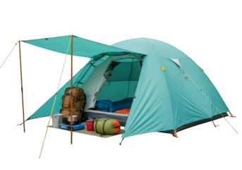 aqua tent outdoors, camping, a shelter for outdoors activities and travel trip, isolated on white or transparent background. PNG