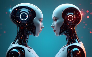 Digital illustration of two futuristic AI robots. Good robot vs. bad robot. generative AI illustration. High quality