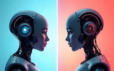 Digital illustration of two futuristic AI robots. Good robot vs. bad robot. generative AI illustration. High quality