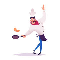 Cheerful cartoon chef skillfully flip a pancake in a frying pan.