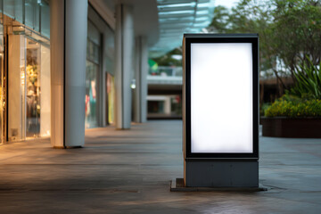 Empty illuminated billboard stands in a modern shopping mall corridor with glass storefronts and greenery in the background