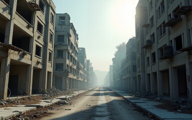 postapocalyptic ruins abandoned city streets in the aftermath of disaster 3d rendering. High quality