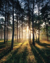 Obraz premium Morning sunlight filters through misty pine forest