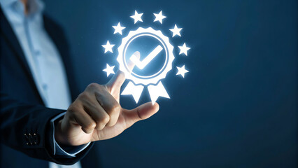 A businessman in a suit points at a glowing digital badge with a checkmark, surrounded by stars, symbolizing quality, approval, and certification in a modern, high-tech setting