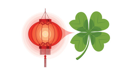 A Chinese lantern and a four leaf clover symbol of luck, Generative AI.