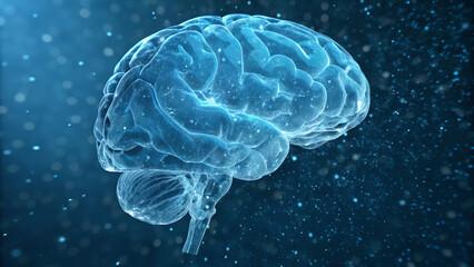 Obraz premium Transparent 3D rendering of a human brain floating in a blue digital space filled with particles and light effects