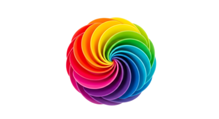 Swirling rainbow colored abstract shape with smooth curved surfaces, cutout, PNG isolated on white or transparent background