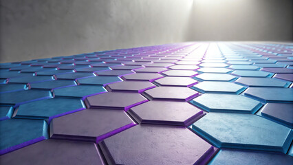 Obraz premium A futuristic floor made of hexagonal tiles in blue and purple shades, illuminated by soft light from the upper right corner, creating a sleek and modern pattern