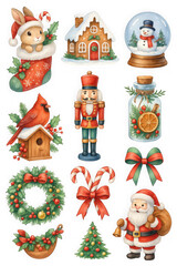 Festive Christmas illustrations featuring Santa, nutcracker, snowman, and holiday decorations like wreaths, candy canes, and gingerbread house, evoking joyful holiday spirit