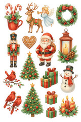 Festive Christmas illustrations featuring Santa, snowman, and nutcracker, along with decorated trees, gifts, and holiday symbols like candles and wreaths