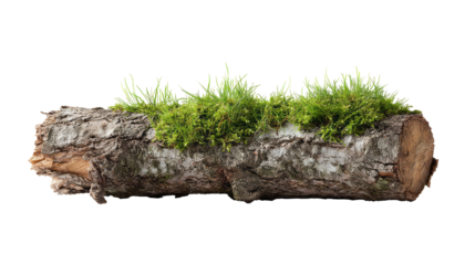 Isolated fallen tree trunk log showing peaceful new life with green moss and grass growth on rustic old wood. natural forest element isolated, transparent background	
