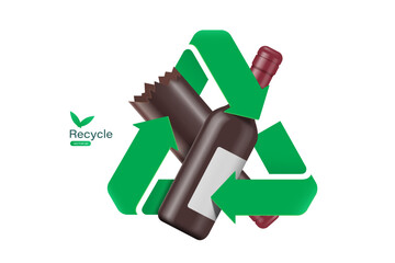 Green recycle logo or icon circle around Glass bottles and glass fragments to promote the Global Recycling Day waste separation campaign, vector 3d illustration isolated on white background for design